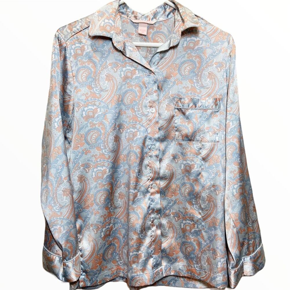 Victoria's Secret Satin Pajama Shirt Top Button Down Pocket Floral Print Blue S